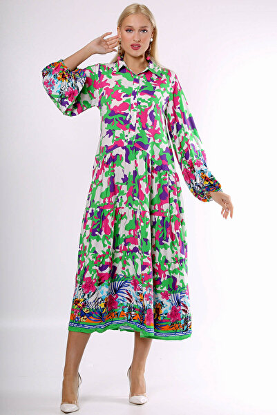 Chiccy Green Shirt Collar Balloon Sleeve Patterned Buttoned Allover Printed Woven Dress
