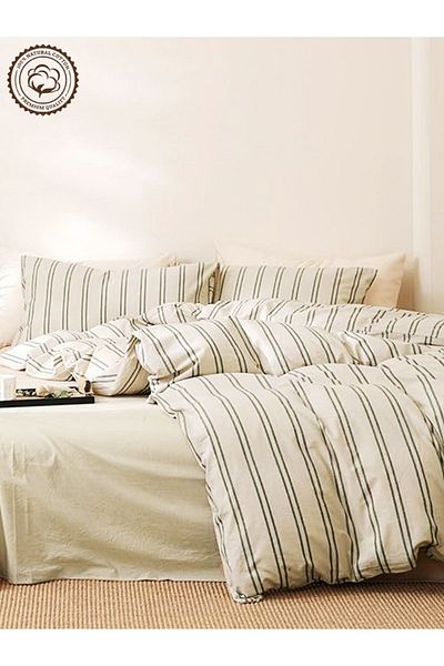CAQQA Striped Natural Striped Single Cotton Duvet Cover Set for Children and Teens