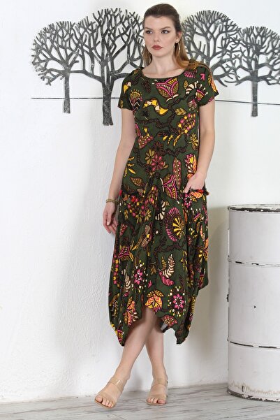 Chiccy Ελιάς καφέ στρογγυλή λαιμόκοψη με διπλές τσέπες με στάμπα casual υφαντό φόρεμα