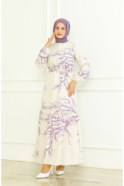 sefamerve Beige Lilac Linen Dress - Patterned and Belted 0471F-04