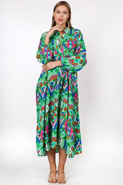 Chiccy Green Ruffle Collar Balloon Sleeve Geometric Patterned Allover Printed Wide Cut Woven Dress