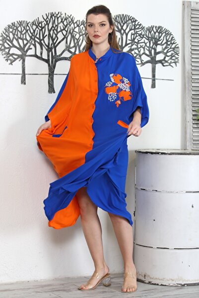 Chiccy Помаранчево-синя вишивка Oversize ткане плаття - Hakim комір, 3/4 рукав, Fleto кишеня