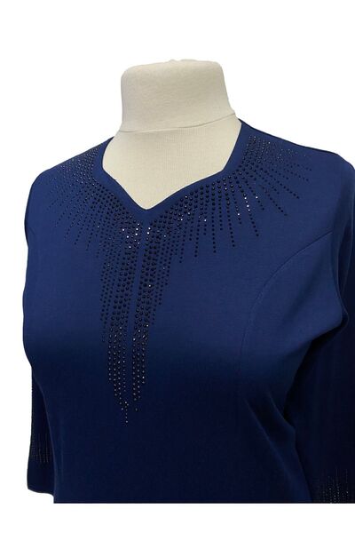 Giyinen Mağazaları Mavi Seda Beşgen Yaka Taş Baskılı Kulplu Anne Penye Elbise