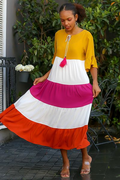 Chiccy Women's Red Blocked Tassel Tied Oversize Woven Dress M10160000EL93339