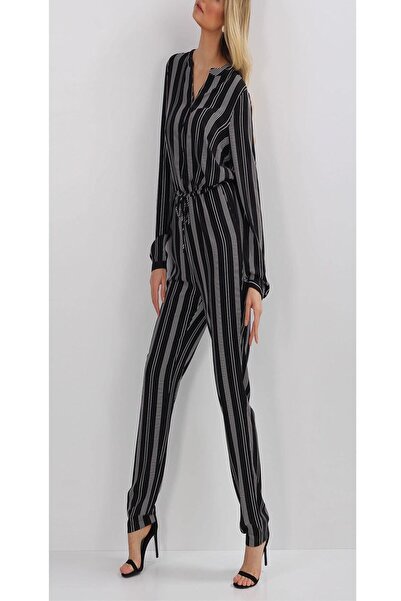 Next Siyah Çizgili Cepli Önden Düğmeli Belden Bağcıklı Uzun Kollu Viskon Penye Kadın Tulum