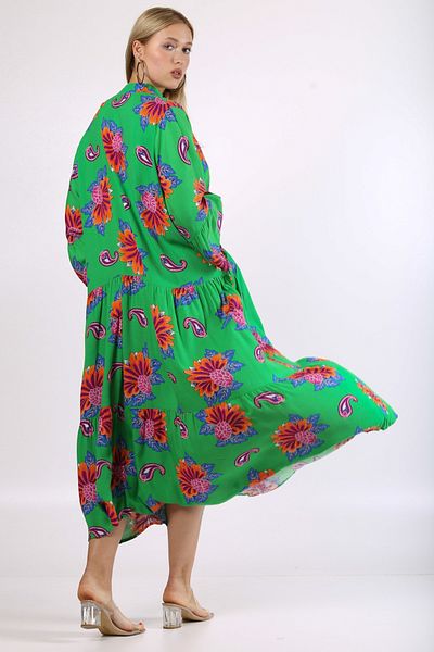 Chiccy Πράσινο φόρεμα με κουμπιά υφαντό oversize μανίκι Paisley με ολόσωμο γιακά