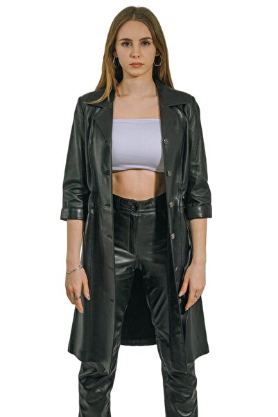 hilda deri Hakiki Deri Trençkot Siyah Elbise Yarım Kollu Düğmeli Diana