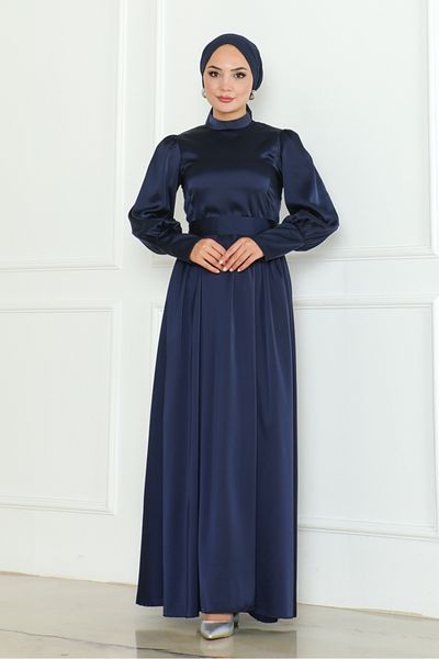 Bestenur Σατέν Βραδινό Φόρεμα 1136 - Navy Blue, Sashed
