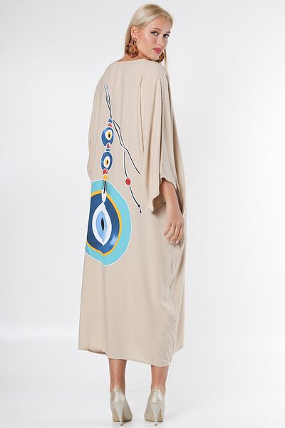 Chiccy Beige V-neck Bat Sleeve Printed Buttoned Oversize Woven Dress