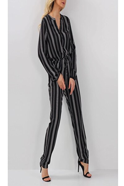 Next Siyah Çizgili Cepli Önden Düğmeli Belden Bağcıklı Uzun Kollu Viskon Penye Kadın Tulum