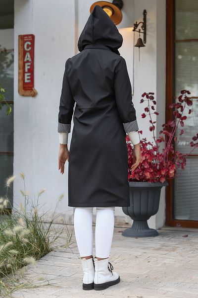 Chiccy Women's Black Hooded Long Sleeve Pocket Lined Gathered Midi Oversize Casual Woven Trench Coat