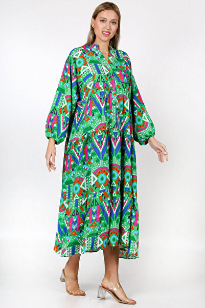 Chiccy Green Ruffle Collar Balloon Sleeve Geometric Patterned Allover Printed Wide Cut Woven Dress
