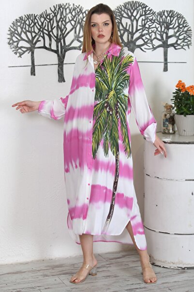 Chiccy Рожева сорочка з коміром на ґудзиках, довгими рукавами, прихованими кишенями та принтом, повсякденна ткана сукня