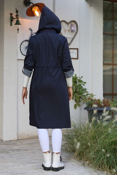 Chiccy Women's Navy Blue Hooded Long Sleeve Pocket Lined Gathered Midi Oversize Casual Woven Trench Coat
