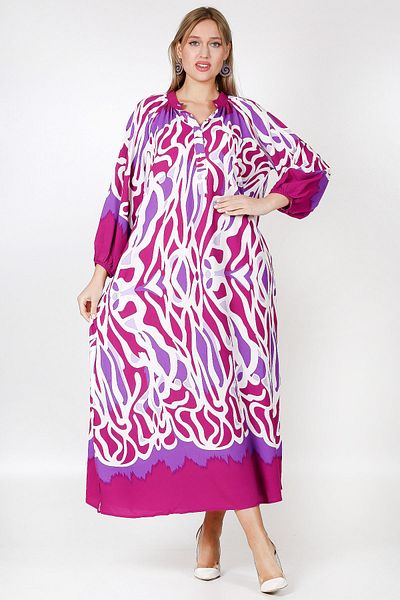 Chiccy Purple Bottom Collar Balloon Sleeve Patterned Buttoned Allover Printed Wide Cut Woven Dress