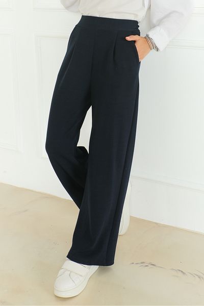 Bestenur Navy Blue Pocketed Wide Leg Trousers 1197