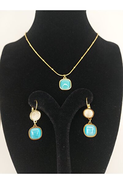 Romea Kare Kesim Turkuaz Mavi Taşlı Dorika Zincir Kararmaz Çelik Kolye & Küpe Takı Seti Altın Rengi