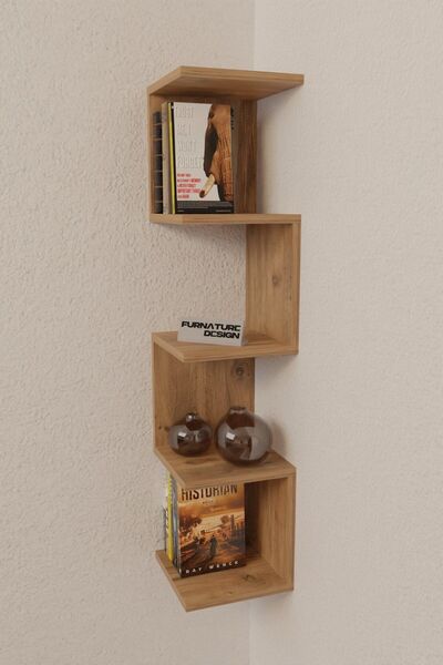 FurnatureDesign Zigzag Köşe Raf Kitaplık Duvar Rafı Atlantik Çam