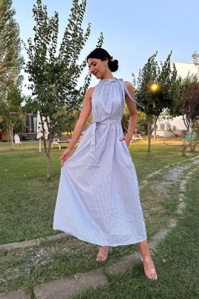 NN SISTER Halter Yaka Çizgili Maxi Boy Elbise