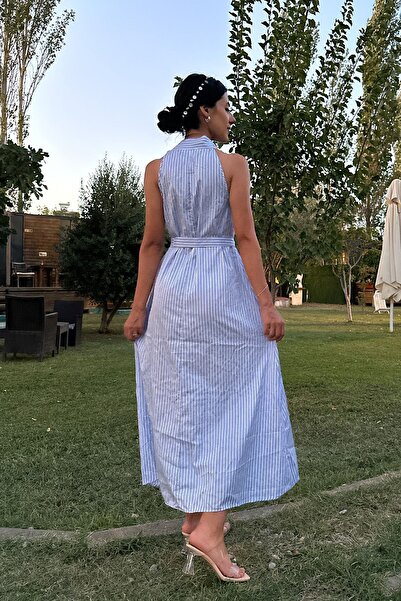 NN SISTER Halter Yaka Çizgili Maxi Boy Elbise