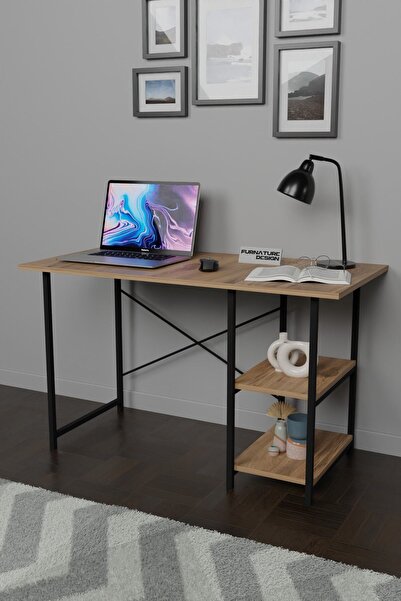 FurnatureDesign 2 Raflı Metal Ahşap Ofis Bilgisayar Çalışma Masası 60x120 - A...