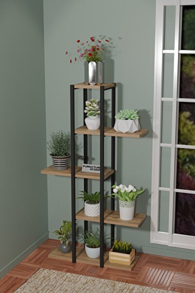 FurnatureDesign 5 Raflı Çiçeklik Metal Saksı Standı Saksılık Atlantik Çam