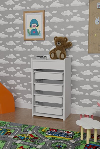 FurnatureDesign 4 Sepetli Oyuncak Dolabı Çok Amaçlı Mutfak Dolabı Sebzelik Beyaz - Beyaz