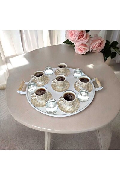 Genel Markalar Tepsi Seti Ahşap Kulplu Metal Çay Tepsisi Kahve Tepsisi Sunum Kahvaltı 3'lü Tepsi Seti