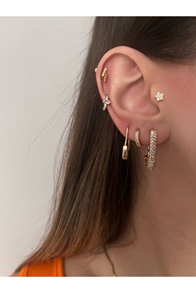 Okkostore Kadın Gold Renkli Çengelli Iğne 3'lü Küpe