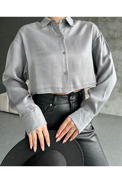 AB LOOKS Cămașă de damă, scurtă, strălucitoare, strălucitoare, de bază, din satin strălucitor, cămașă crop din satin sezon nou