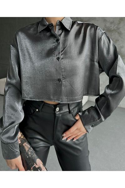 AB LOOKS Cămașă de damă, scurtă, strălucitoare, strălucitoare, de bază, din satin strălucitor, cămașă crop din satin sezon nou