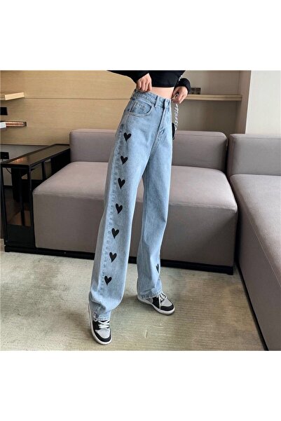 DENOKMODA MAVİ KÜÇÜK KALP DETAY BAGGY JEAN PANTOLON / HEART JEAN