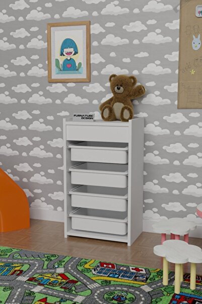 CMKStore 4 Sepetli Oyuncak Dolabı Çok Amaçlı Mutfak Dolabı Sebzelik Beyaz - B...