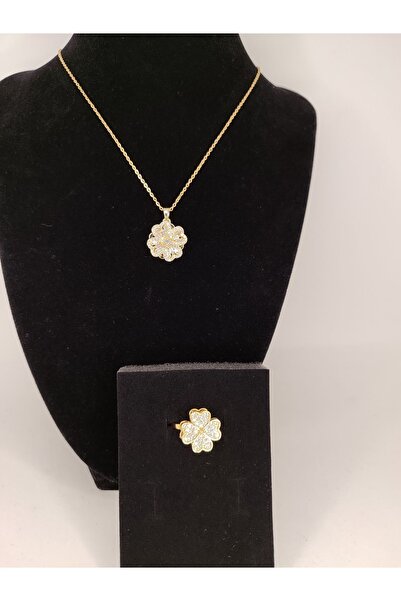 Romea Dönen Yonca Stres Çarklı Çelik Kolye-Yüzük Seti Altın Rengi