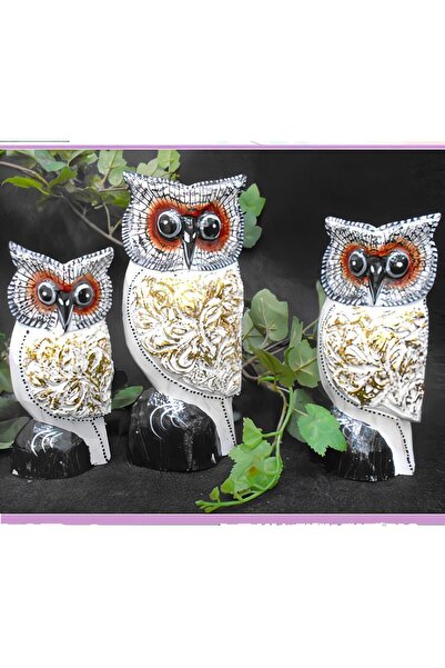 e-life shop El Yapımı Doğal Ahşap 3’lü Baykuş Biblo Seti Bahçe Duvar Ofis Kon...