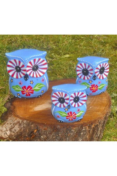 e-life shop El Yapımı Doğal Ahşap 3’lü Baykuş Biblo Seti Bahçe Duvar Ofis Kon...