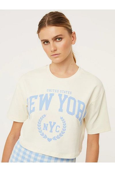 NEWLAKER Oversize New York Crop Top Cream T-Shirt