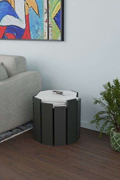 FurnatureDesign Sekizgen Üçlü Zigon Sehpa Seti Sunta Yan Sehpa Beyaz - Antrasit