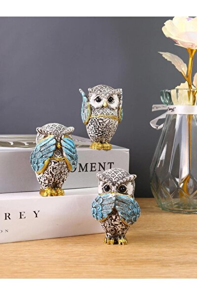 e-life shop Görmedim Duymadım Bilmiyorum 3’lü Baykuş Heykeli Biblo Hediyelik Dekoratif Ürün Vitrin Masa Süsü 3