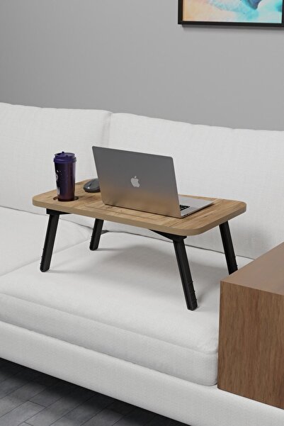 CMKStore Katlanır Laptop Sehpası Mdf Tablet Bardaklık Çalışma Yatak Kahvaltı Masası Sehpası 60x35