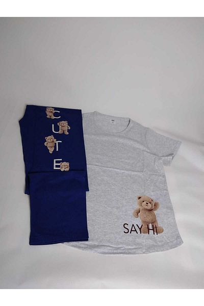 New Pajamas Set de pijamale cu tiv oval, cu mâneci scurte, cu decolteu, cu model gri bleumarin