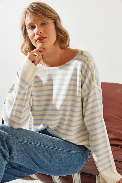 Bianco Lucci Striped Shoulder Buttoned Women's Sweater - 20247511