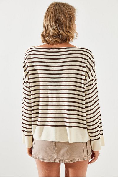Bianco Lucci Striped Shoulder Buttoned Women's Sweater - 20247511