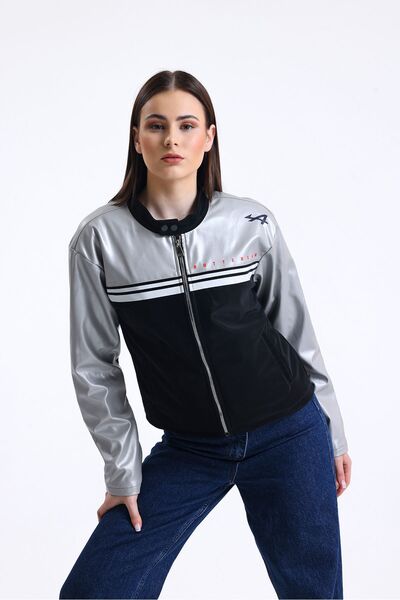 Black Level Жіноча шкіряна куртка з принтом, застібкою-блискавкою та смужкою, коміром-стійкою, кнопками та мотоциклетним коміром, сіра