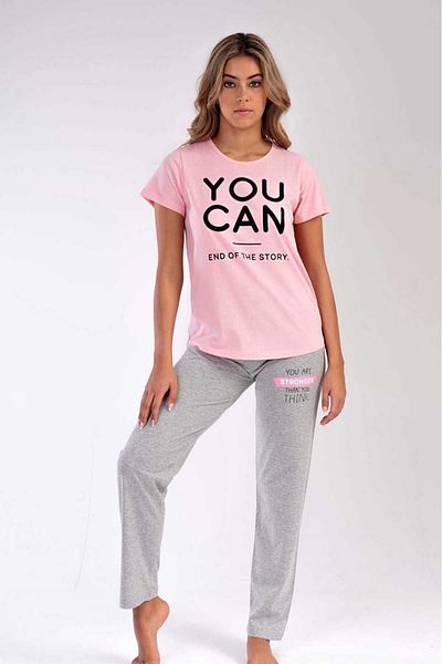 New Pajamas Powder Colored Women's Single Jersey Pajama Set - Short Sleeve, Patterned Crew Neck, Oval Skirt