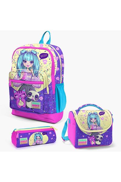 Yaygan Coral High Kids - Purple Pink Anime Patterned Girl's 3-piece School Bag Set