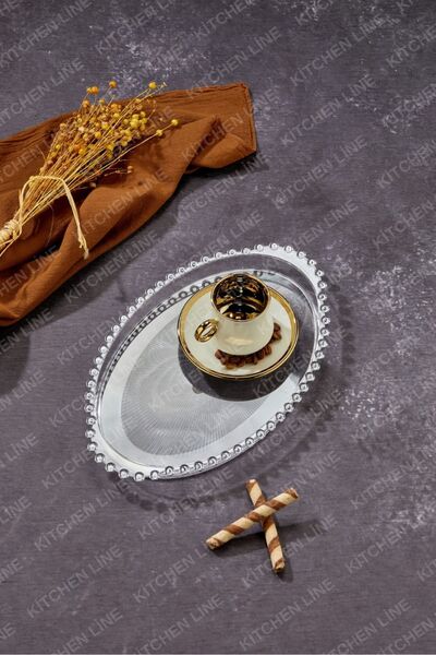 Genel Markalar 6 ADET Oval Boncuklu Mika Sunum Tepsisi, Kahve Sunum Tepsisi, Boncuk Tepsi, Kahve Sunumu