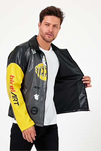 Black Level Men's Oversize Biker Printed Coat - Zippered and Lined Racer Jacket Garnished College Bomber Coat