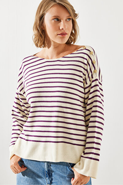 Bianco Lucci Striped Shoulder Detailed Women's Sweater - 20247511