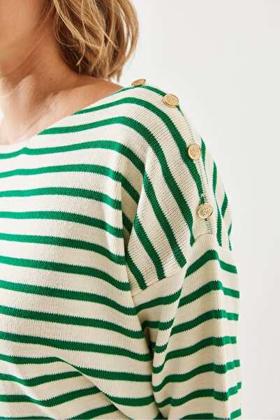 Bianco Lucci Striped Shoulder Buttoned Women's Sweater - 20247511